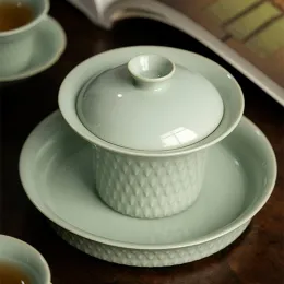 커피웨어 크리에이티브 드래곤 스케일 송 도자기 가이 중국 중국어 Tureen 뚜껑 찻 주송 차 의심 세트 라이트 그린 컵 그릇 차완