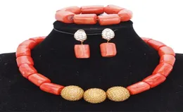 Earrings Necklace Gold Ball Dubai Set 100 Nature Original 1314 MM Coral Beads Wedding Jewelry Choker Jewellery For Bridal5399322