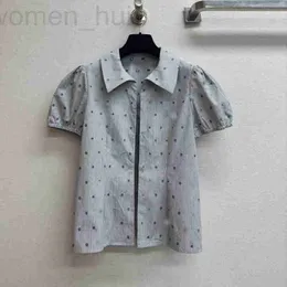 Women's T-Shirt designer Spring/Summer New Product Grey Camellia Flower Diamond Button Flip Collar Short sleeved Shirt Top 4COY