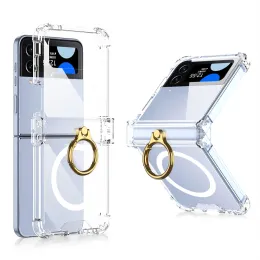 Fall för Samsung Galaxy Z Flip 5 4 3 Magsafe Magnetic Wireless Charging Case Transparent Ring Holder Folding gångjärnschockskydd