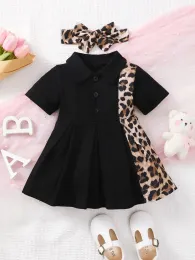 Kleider 03 Jahre alte neugeborene Baby Girls Sommer kurzärmeliges Revers Black Leopardenmuster süßes Mode Plissee Kleid