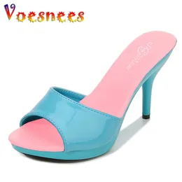 Voesnees Brand Summer Slippers Women Mixed Colors PU Fine Heel 9cm Outside Sandal Platform Sexy Slipper Shoes Slides Heels 240506