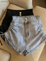 Frauenshorts Zoki Sexy Shirring Slim Denim Shorts Frauen Mode koreanische Hohe Taille Casual Shorts Sommerknopf passen alle zu Harajuku -Shorts neu WX