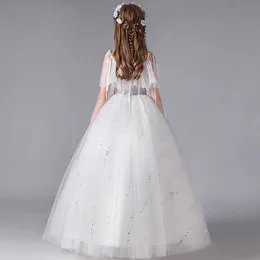 Kız elbiseler genç kız beyaz uzun elbise düğün için uzun elbise çiçek tül çocuklar büyük kız zarif prenses örgü vestidos için ilk cemaat elbise