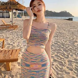 Abiti da lavoro Set di abiti da donna Crop Top Slim Camisole High Wile Midi Gonfie a strisce Scavalche Sweet Girls Sweet Summer Summer Gentle