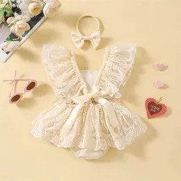 Girl's Dresses Newborn Infant Baby Girls Princess Summer Lace Romper Dress 3D Flower Flying Sleeve Square Neck Jumpsuit with Bow Headband