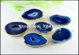 3st Gold Tone Blue Quartz Nature Druzy Geode Agate Slice Gem Stone Drusy Connector Pendant Pärlor för armbandsmycken Fynd8412485