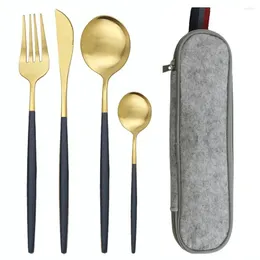 Drohstoffwarensätze 5pcs/Set Set Black Gold Travel Camping Castlery wiederverwendbares Silber mit Metallmesserlöffel und tragbarer Hülle