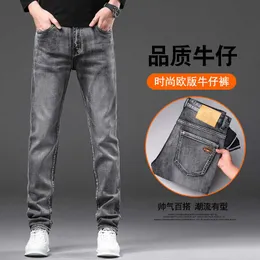 Jeans ricamati in pelle grigia autunno e inverno invernali in inverno per la luce da uomo in fitta elastica elastica elastica pantaloni alla moda dritta maschi