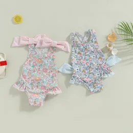 Swimwear 16 Years Kids Baby Girls Summer Swimsuit Sleeveless Cross Backless Floral Print Ruffle Bathing Suit