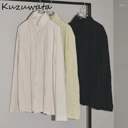 Camicette femminili kuzuwata giapponese girare busas a maniche lunghe busas a petto a petto di camicia morbida casual solido elegante