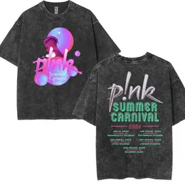 Camisetas masculinas P!NK Singer Pink Summer Carnival UK 2024 Festival Tour Wash T-shirts Mens Hip-Hop punk retro grandes camisetas