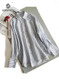 Kvinnors blusar Birdtree 30%Real Silk Elegant Shirt Women Lapel Long Sleeve Striped French Ol Commute Lazy 2024 Summer T44979QC