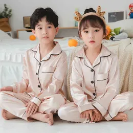 Pajamas Button Spring Summer Pajamas Childrens Satin Pajama Set Childrens and Girls Silk Long sleeved 2-piece Top+PantsL2405