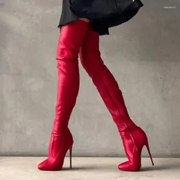 Buty 2024 Ręcznie robione kobiety Spring uda wysokie seksowne szpilki obcasy okrągłe palce piękne czerwone buty fuksia nas plus rozmiar 5-20