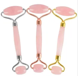 Natural Tumbled Chakra Rose Quartz Carved Reiki Crystal Healing Gua Sha Beauty Roller Facial Massor Stick with Alloy GoldPlated8331204