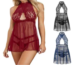 نساء collared ثقب المفتاح babydoll مع اللباس الداخلي لباس نوم Chemise Dress Sexy Lace و Mesh Lingerie6930130