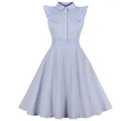 Kenancy 1960 -talets Audrey Hepburn Swing Rockabilly Vintage Dress Plus Size Blue Stripe Print Ruffles Retro Dress Party Vestidos 4xl Y199192688