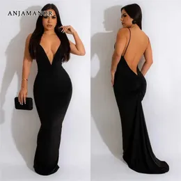 Городские сексуальные платья Anjamanor DP V Neck без спинки Maxi Long Black For Women Sexy Club Wear Evening Press 2023 Новый элегантный D42-DB36 T240507