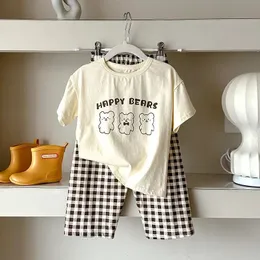 Dünne gelb braune Plaid Kinder Pyjamas Set für Baby Jungen Mädchen 1 bis 2 3 4 5 6 7 8 9 10 11 12 Jahre einfache Kinder Kleidung Homewear 240506
