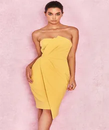 Masno -Yellow Ruched Summer Off Rameer Bandage Bandage Sukienka Asymetryczna naczelna klatka piersiowa Women Club Party Bodycon sukienka VES9094154