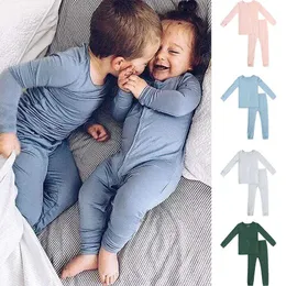 Pijama 2024 Yeni Gelişler Bambu Fiber Yürümeye Başlayan Bebek Çocuk Çocuk Setleri Kızlar İçin Takımlar Katı Uzun Kollu Üst+Pantolon Boys Sweetwear H240507