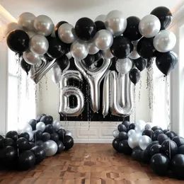Party Decoration 65pcs Set 32.8ft White Aluminium Foil Ceiling Decorations 10 Inch Black Latex Balloons Hanging Swirls