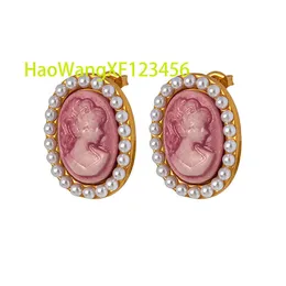 Vintage ins fransk stil 18K gyllene veckad titanstål rosa skönhetsuppmaning pärlörhängen för kvinnor smycken
