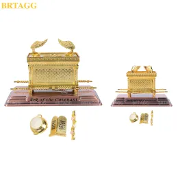 Miniaturas Brtagg Metal A Arca da Estátua da Réplica da Aliança Gold com Conteúdo Aaron's Rod / Manna / Ten Mandamentos Stone