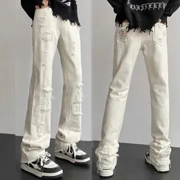 en's Jeans Plus Size M-5XL Denim Jeans Men Hole White Color Tide High Street Pants Vibe Straight Loose All-match Teenager Trousers J240507