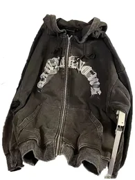 Womens hoodie zip-up bukett brev tryck hoodies y2k kläder high street tröjor för män rund hals vintage mörk 240423