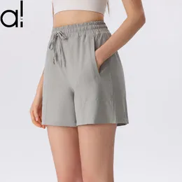 Al Yoga Shorts Damens Sommersport Kurzhose Elastische Hochtätigkeit mit hoher T-Taschen, die schnell trockene erwachsene Mädchen laufen lassen