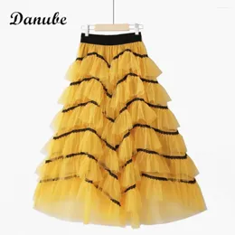 Skirts Vintage Wave Multilayer Tulle Long Women Summer Korean High Waist Tutu Female Elegant Ruffles Mesh Pleated