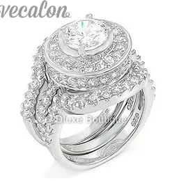 Vecalon Fashion RingシミュレーションダイヤモンドCZ 3-in-1エンゲージメントバンド女性のためのウェディングリング10ktホワイトゴールドフィルドフィンガーリング2657