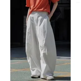 Calça feminina de verão senso de ar japonês neutro curvado perna larga casual mulheres finas soltas
