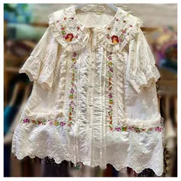 Kadınlar bluzları Vintage kawaii nakış fırfırlı dantel rococo gömlek 2024 kadın yaz retro şık Viktorya Edwardian Cottage çekirdek tunik