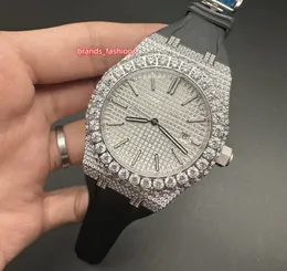 The Latest Men's Iced Diamond Watch Silver Stainless Steel Diamond Case White Dial Automatic Movement Watch Shiny Good The King of Nightclubs Rubber Strap Watches