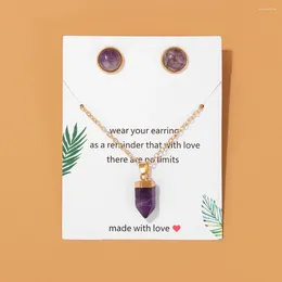 Pendant Necklaces Natural Stone Necklace&Earrings Round Amethysts Cabochon Earrings Shape Necklace 18K Gold Color Chain Set Jewelry