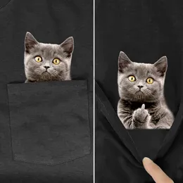 T-shirt feminina CLOOCL Camiseta animal Marca de moda Summer Pocket Cat Stickers Impresso T-shirt Mulheres Camisas Hip Hop Tops Funny Cotton Tees D240507
