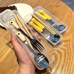 Geschirrsets süße Cartoon Keramik 304 Edelstahl Tabellengeschirrlöffel Gabel Set Kinder tragbares Mittagessen Cutlery Küchenutensilien