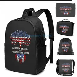 Porto Riko kökleri ile Amerika'da yükseltilmiş sırt çantası komik grafik baskı. USB şarj erkek okul çantaları kadın çanta seyahat dizüstü