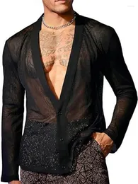 남성용 캐주얼 셔츠 봄 섹시한 메쉬 남자 투명한 느슨한 탑 남성 해변 패션 딥 v 목 버튼 긴 슬리브 셔츠를 통해 보인다