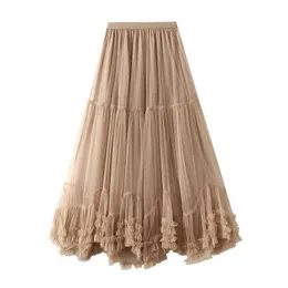 Skirts Purchase Korean version of womens mesh skirt with oversized hem design sweet wood ear lace A-line large hem fluffy skirt Q240507