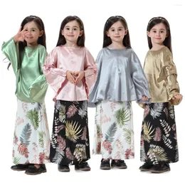 Ethnic Clothing Muslim Girls Solidna koszula z nadrukowana spódnica zestaw batwing top okrągły kołnierz abaya i tube garnitur dzieci