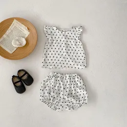 Clothing Sets Children Pure Cotton Summer 2024 Infant Girl Baby Dot Cut Flying Sleeve Top Pants Set Toddler Solid Two Piece Suit