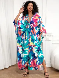 Boho Floral Print House Dress Plus Size V-NeckBatwing Kaftan 2024夏の女性ラウンジウェアビーチウェアバスカバーアップ