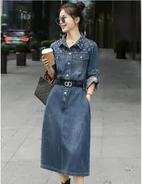 Women's summer Sexy luxury denim Dress Party club polo lapel collars Work office long sleeves pluz size jean Dresses Mujer street style skirts with belt