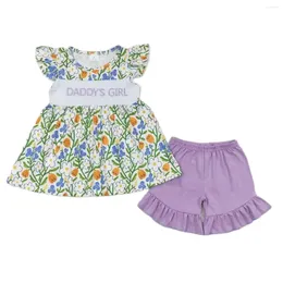 Kläder set grossist sommar barn blommor set barn korta ärmar broderi pappa's girl tunic outfit småbarn ruffle lila bomull