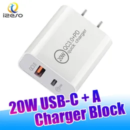 USB C Wall Charger 20W Dual Port Type C + USB A PD QC3.0 Snabb laddningsblock för iPhone 15 14 13 12 11 Samsung Android -telefoner izeso