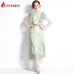 Party Dresses 2024 Summer Runway Fashion Flower Print Chiffon Long Dress Women O Neck Fjäril